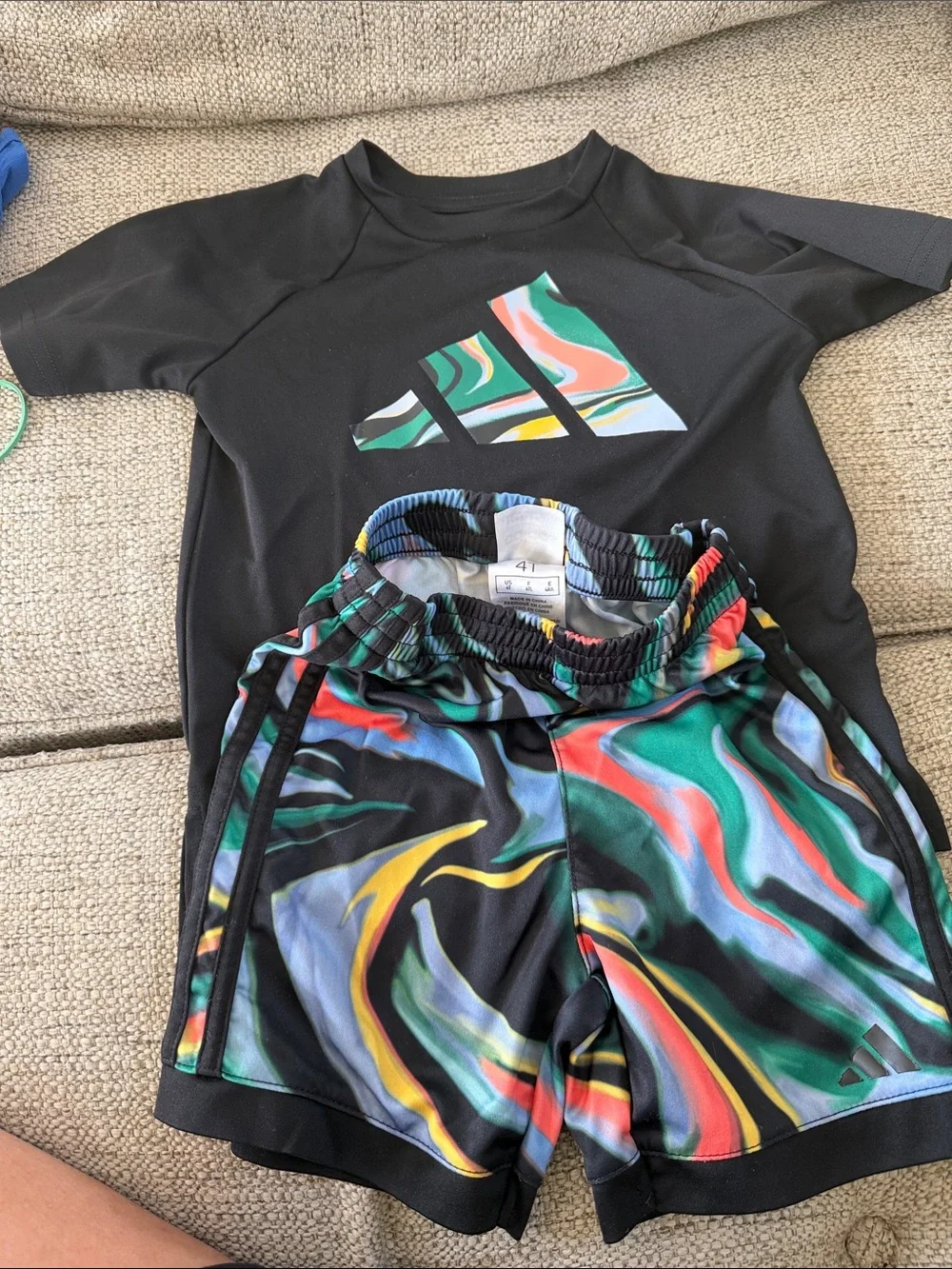 adidas Kids Black Rashguard with Multicolor Swirl Logo & Matching Swim Shorts